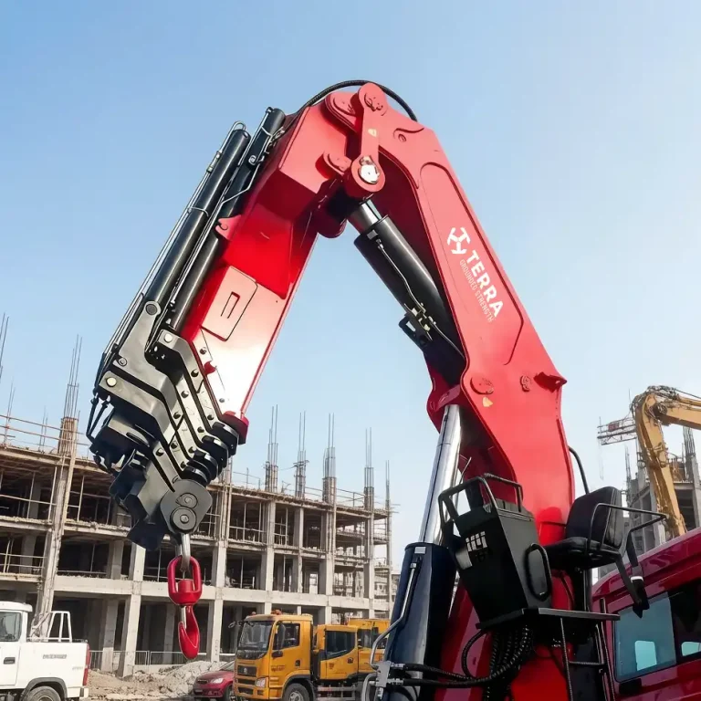 Compact folding knuckle boom crane for urban logistics and narrow road transport in Peru.