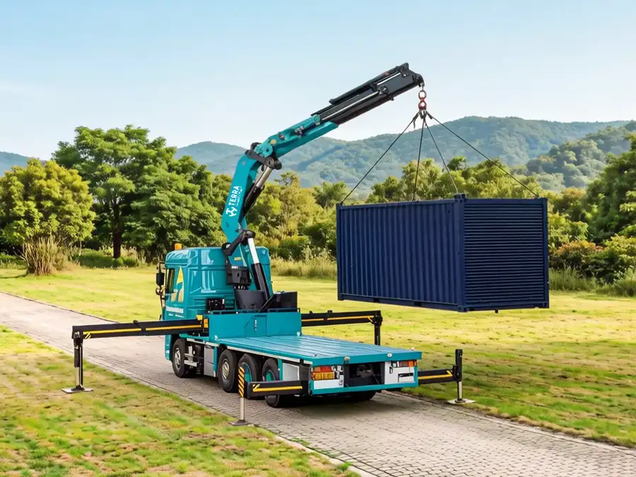 Knuckle boom crane loading heavy industrial machinery onto a truck at a logistics hub.