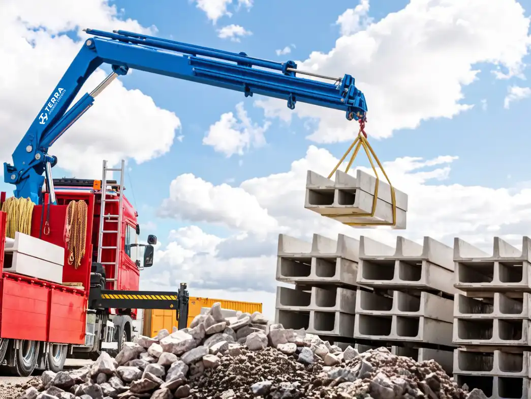 TERRA truck mounted crane lifting steel beams on a modern construction site.