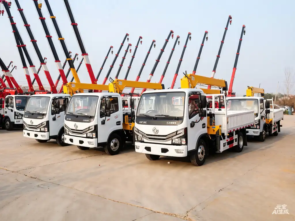 Expansive outdoor yard with 16-ton truck mounted cranes ready for global shipping to South America and Africa