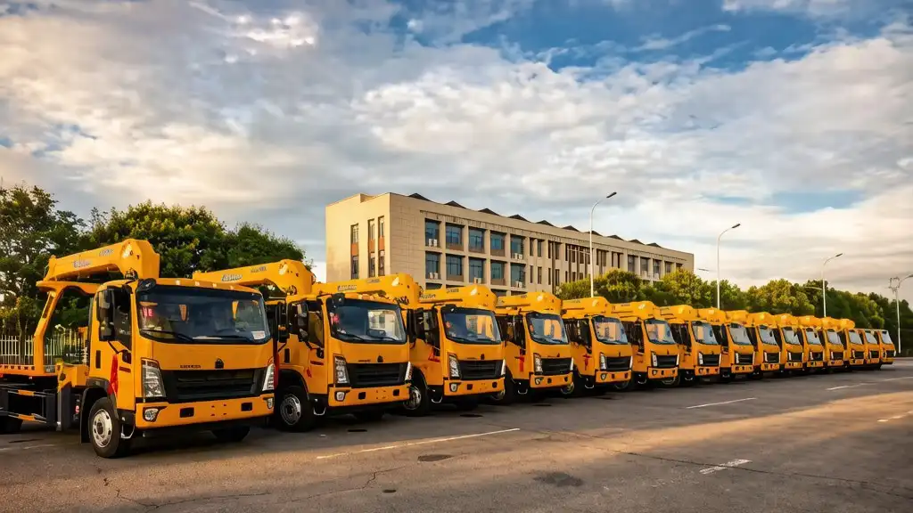 A TERRA truck mounted crane being secured on a flat rack for international sea export.