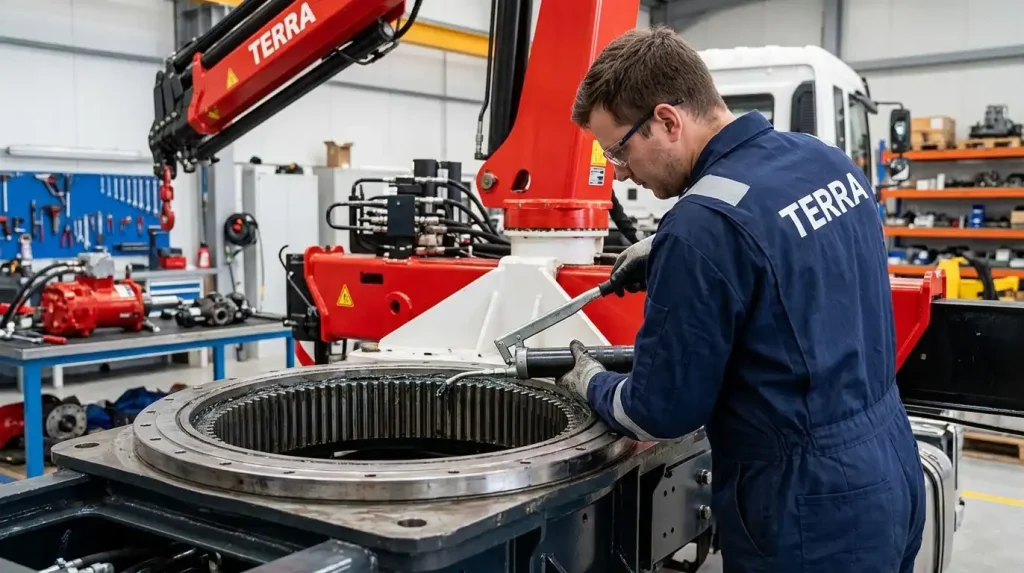 Maintenance technician applying grease to the slewing ring bearing of a heavy-duty truck mounted crane in a workshop.