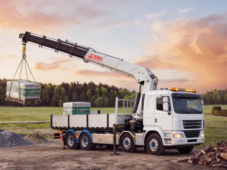 A white Terracrane truck mounted crane (lorry crane) with a red stiff boom lifting a structural steel beam on a bustling high-rise construction site.
