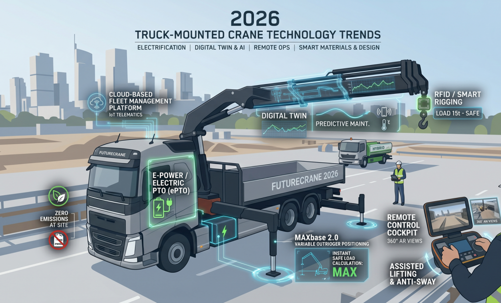 A high-tech 2026 truck mounted crane featuring ePTO electric power systems, digital twin diagnostics, and remote AR operation on a sustainable urban job site.