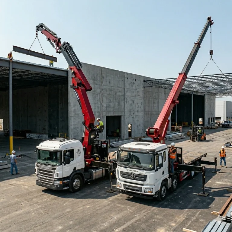 knuckle and stiff boom cranes operating on a construction site.