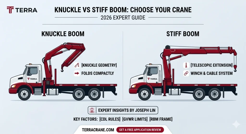 Comparison of a red articulating knuckle boom crane and a telescopic stiff boom crane on white truck chassis.