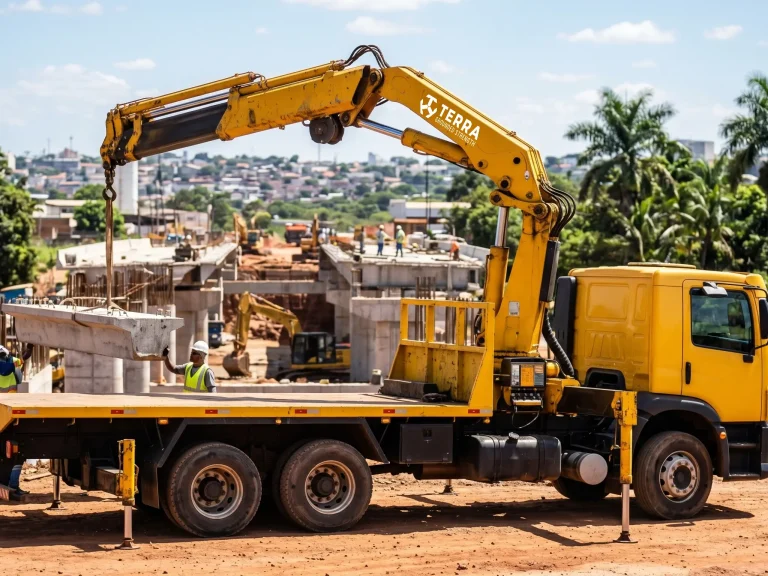 Yellow Terra Crane 15-30 ton knuckle boom crane lifting materials on a Brazilian construction site