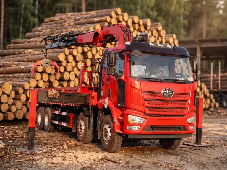 High-performance knuckle boom crane equipped with hydraulic wood grappler for log loading