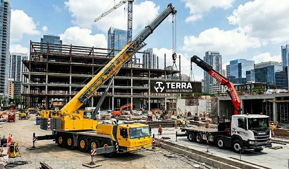 Terra Crane truck mounted crane built with HG70 steel lifting cargo onto flatbed