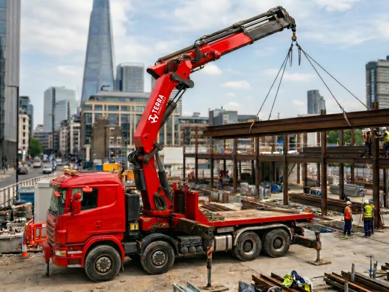 Terra Crane heavy duty hydraulic truck mounted crane lifting steel beams vs smaller electric crane