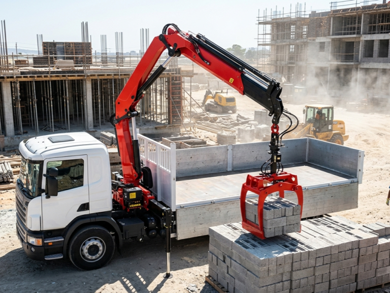 TERRA knuckle boom truck mounted crane equipped with a hydraulic brick grab attachment unloading pallets at a construction site.