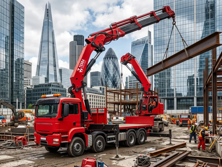 Brand new bright red Terra Crane knuckle boom crane operating safely on an urban construction site