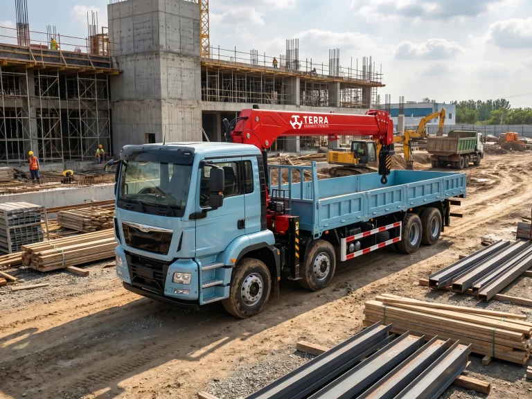 Brand new bright red Terra Crane 15-30 ton truck mounted crane perfectly matched with heavy duty chassis