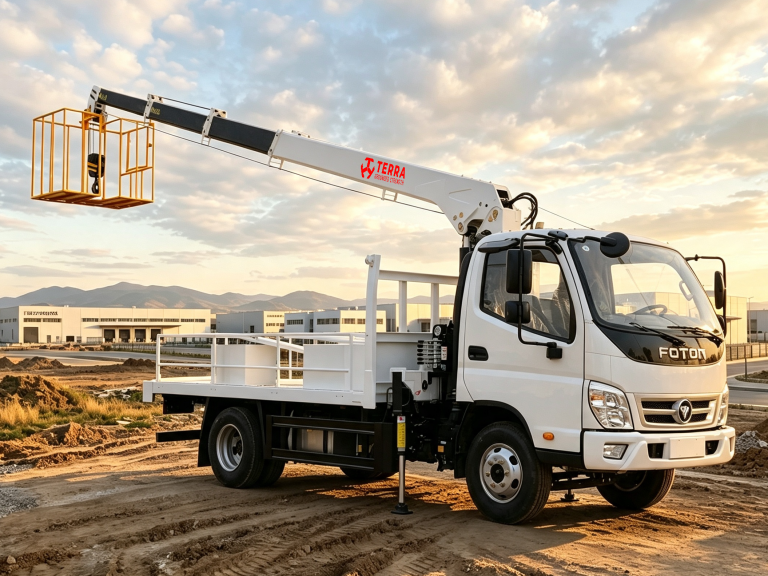 Heavy-duty 4-ton 5-section stiff boom crane lifting materials with attached man basket.