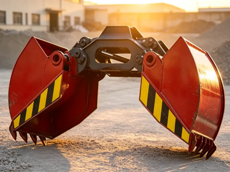 Dual-cylinder hydraulic clamshell grab featuring watertight seals and maintenance-free joints for harsh B2B environments.