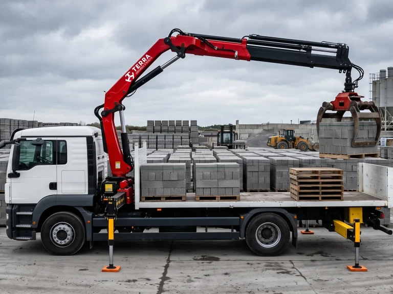 Heavy-duty 8-ton 4-section knuckle boom crane with brick grab attachment on a construction site.
