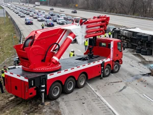 Heavy-duty 100-ton rotating wrecker tow truck clearing a commercial vehicle on a highway.