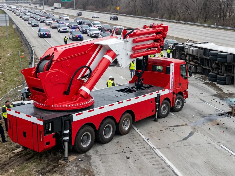 Heavy-duty 100-ton rotating wrecker tow truck clearing a commercial vehicle on a highway.