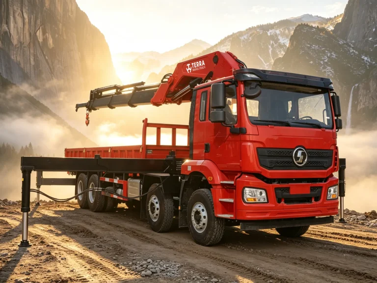 35-ton articulating crane mounted on an 8x4 commercial cargo truck with 8.2m outrigger span.