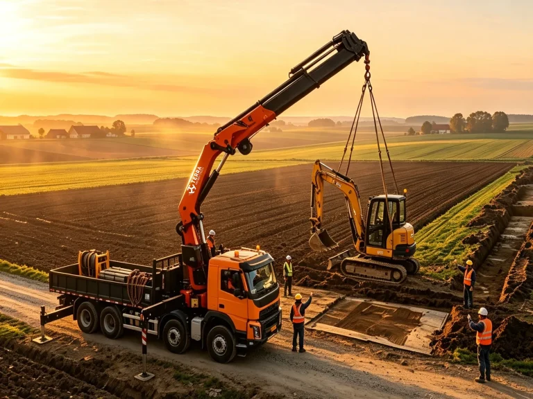 ellow lorry crane superstructure with S700MC steel boom and dual hydraulic pumps on HOWO truck chassis