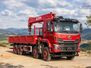 Heavy-duty 18-ton truck crane TS450-5 with 5-section octagonal boom lifting 460 kN·m load.